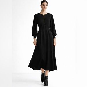 Mango MNG Black Tencel Midi Dress NWT Zip Front Long Sleeve US 2